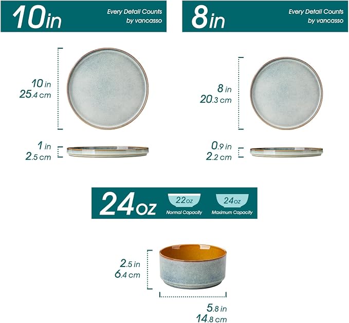 vancasso ONION Ceramic Plates and Bowls Sets, 24 Pieces Light Blue Dinnerware - Image 2