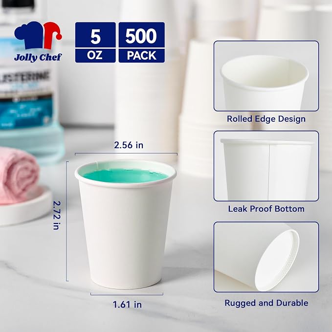 JOLLY CHEF 500 Count 5 oz Paper Cups, Disposable Bathroom Mouthwash White - Image 2