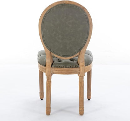 Ball & Cast French Vintage Upholstered Dining Chairs Set of 2, Button Tufted Kitchen Side-Chairs with Carved Antique Wood Frame & Nailhead Trims, PU-Leather Curved Backrest Louis Chair, PU Green