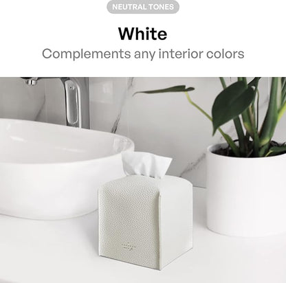 Carrotez Tissue Box Cover, Refined Modern PU Leather Square Holder - Decorative Holder/Organizer for Bathroom Vanity Countertop, Night Stands, Office Desk & Car 5"X5"X5" White
