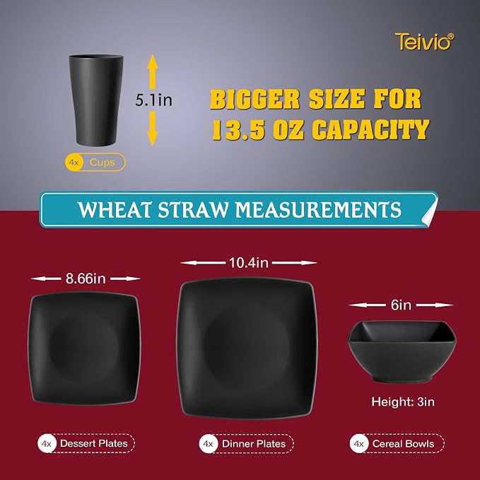 Teivio 16-piece Plastic Wheat Straw Square Dinnerware Set - Image 2