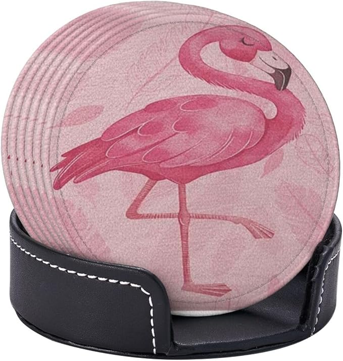 Pink Cute Flamingo Modern Art Boho Premium Leather Coasters - Image 3