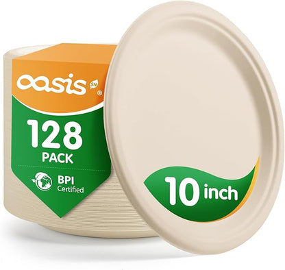10 Inch 128 Pack Compostable Disposable Paper Plates, Large Round Dinner Plates, Heavy Duty Sugarcane Bagasse, Biodegradable Eco-Friendly for Parties & Daily Use, Natural