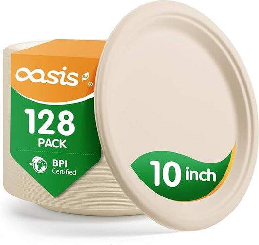 10 Inch 128 Pack Compostable Disposable Paper Plates, Large Round Dinner Plates, Heavy Duty Sugarcane Bagasse, Biodegradable Eco-Friendly for Parties & Daily Use, Natural