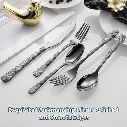 Hammered Black Silverware Set, Flatware Set, 18/10 Stainless Steel Premium - Image 7