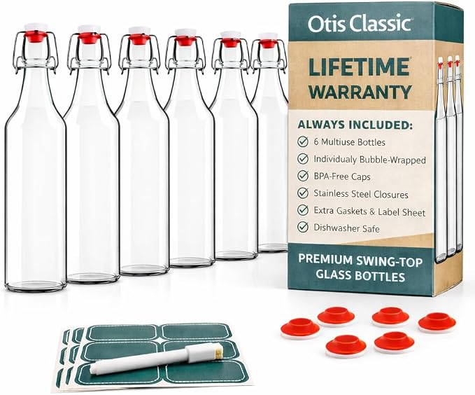 Otis Classic Clear Swing Top Glass Bottles, Plastic Caps, 16oz | Marker & by OtisClassic