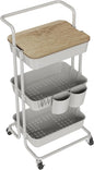 DTK 3 Tier Rolling Utility Cart with Cover Top Board, Movable Kitchen Storage Cart Trolley with Lockable Wheels, Cups, Hooks for Kitchen Bathroom Home Office Art Craft Storage and Organization(Grey)