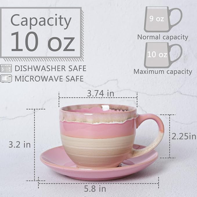 Bosmarlin Ceramic Cappuccino Cup and Saucer Set of 2, 10 Oz, Coffee Cups - Image 2