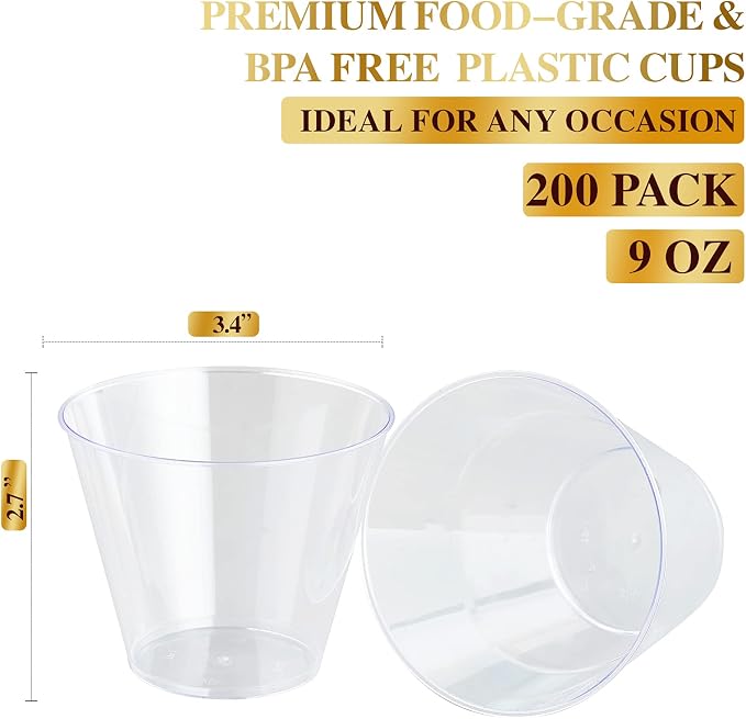FOCUSLINE 200 Count 9 oz Clear Plastic Cups | Disposable Heavy Duty Hard - Image 2