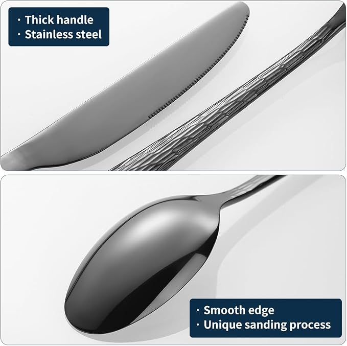 Hammered Black Silverware Set, Flatware Set, 18/10 Stainless Steel Premium - Image 8