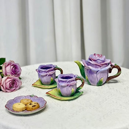 Ceramic Rose Tea Pot Set, 3D Hand-painted Rose Flower Cup and Green Leaves - Image 3