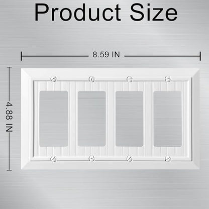 Beadboard Outlet Covers Wall Plates, Bamboo Fiber Light Switch Covers, Natural Material Electric Receptacle Decorative Switch Plate Outlet Cover (Pure White, 4 Gang Decorator 1 Pack)