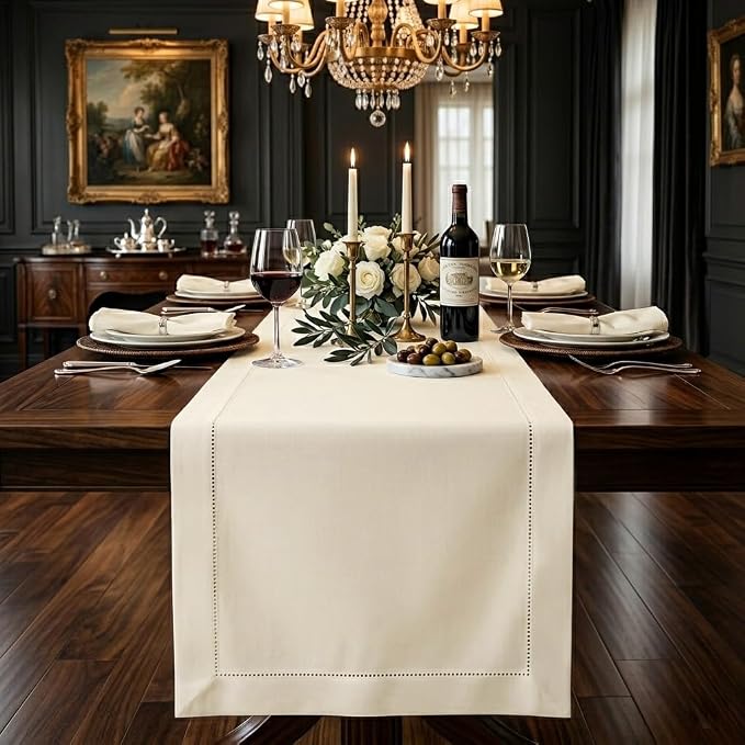 Signature Linen™ by D'Moksha Ivory Table Runner 120 Inches Long, 100% Pure Linen by DMokshaHomes