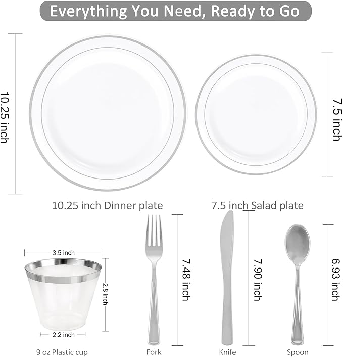 WELLIFE 350-Piece Silver Plastic Dinnerware Set - Image 3
