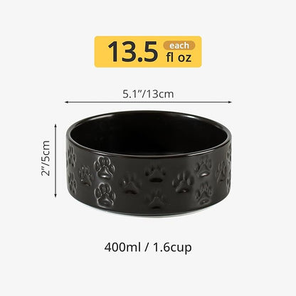 Ceramic Dog Bowl Set, 5.1" Dog Bowls with Anti-Slip Rings for Toy Breed Dogs, 1.6 Cup Food and Water Bowls for Small-Breed Puppy, Adult Cat, Microwave Safe (Double Bowls - Black, 5.1 inch)