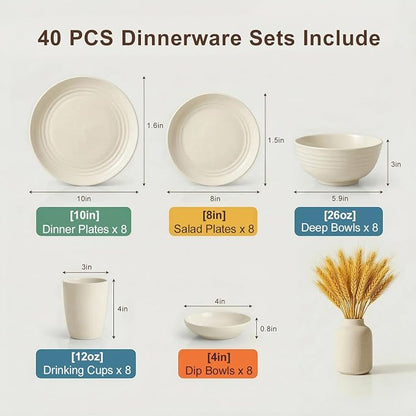 Dishes Set for 8, Wheat Straw Dinnerware Sets 40 Piece, Unbreakable Bowls and - Image 2