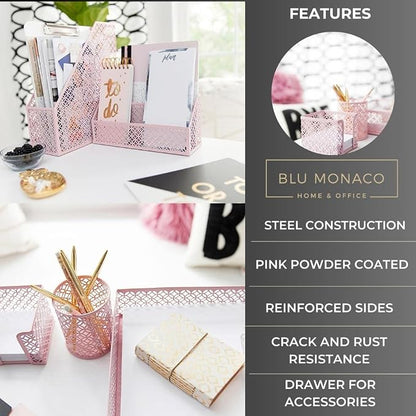 BLU MONACO Pink Desk Organizer Set | 6-Piece Metal Desktop Accessories | Mail - Image 4