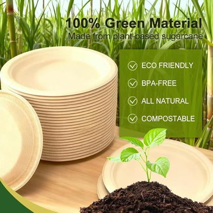 Disposable Plates, 10 Inch,100 pack, Natural Color, bagasse,sugarcane,Biodegradable Paper Material, Round Shape
