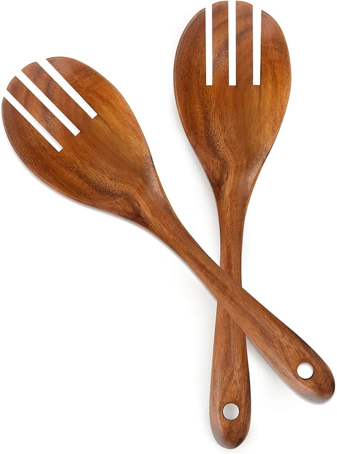 Teak Wood Sporks 10.2-Inch Pack of 2, Teak Wooden Salad Forks by masteymoh