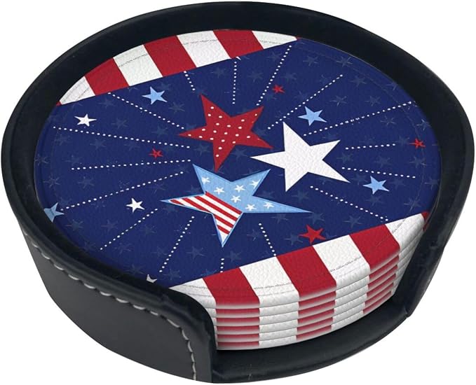 6 Pcs 4th of July Star Red Blue Independence Day Patriotic Star Leather Coasters - Image 2