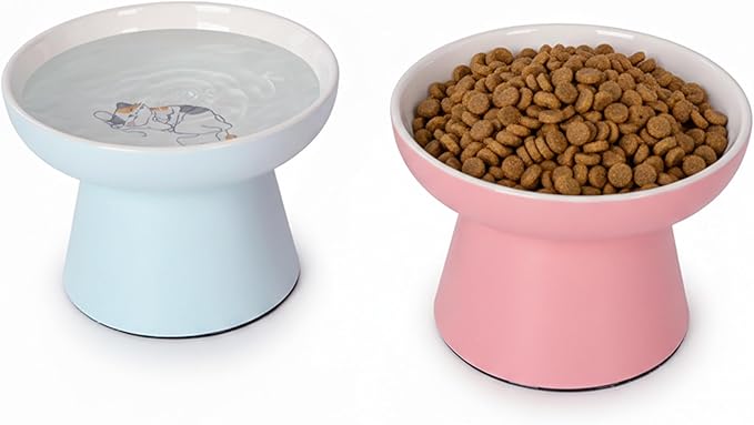 Elevated Cat Food Bowls 2 Pack,Ceramic Raised Cat Bowls with Non-Slip Base,Whisker Friendly Shallow Design for Dry & Wet Food,Anti-Vomiting Cat Feeder,Dishwasher & Microwave Safe (Pink&Blue)