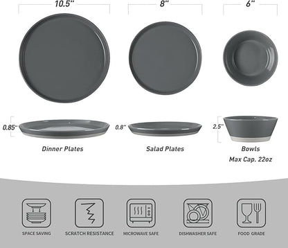 Famiware Saturn Dinnerware Sets for 4, 12 Pieces Stoneware Plates and Bowls Dish Set - Chip and Scratch Resistant, Microwave and Dishwasher Safe Tableware, Dark Gray