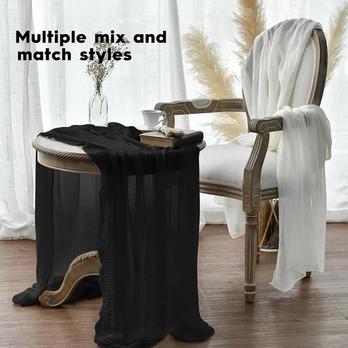 Artoid Mode Boho Cheesecloth Gauze Black Wedding Table Runner, 120 Inch - Image 4
