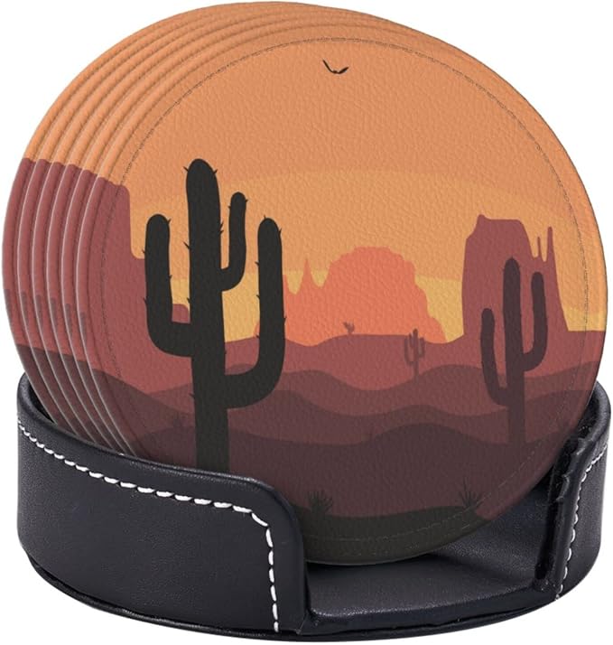 6 Pcs Desert Sunset Cactus Leather Coasters - Image 3