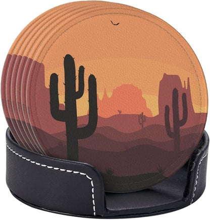 6 Pcs Desert Sunset Cactus Leather Coasters - Image 3