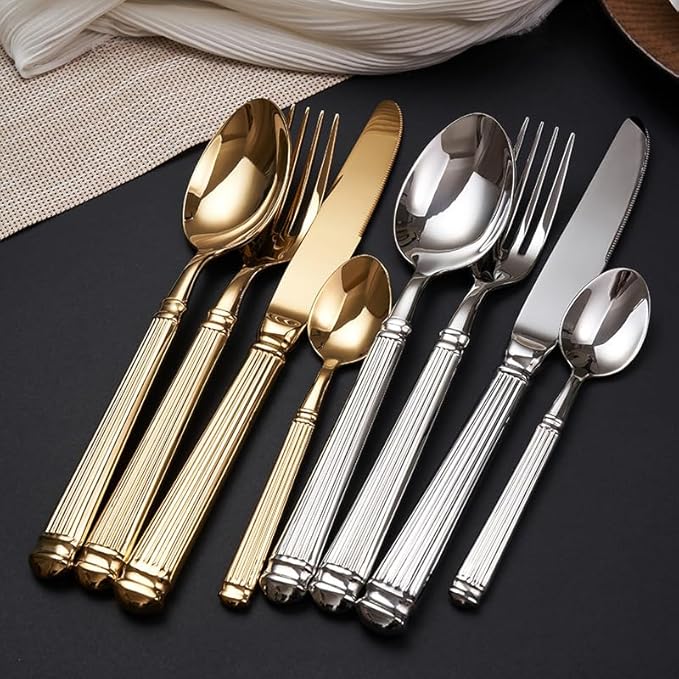 Gold Silverware Set for 10 Flatware Set 40 Pieces Luxury Tableware Set Roman Column Handle Knives and Forks spoons 18/10 Stainless Steel Cutlery Utensil Sets for Home Restaurant Dishwasher Safe