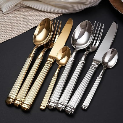 Gold Silverware Set for 10 Flatware Set 40 Pieces Luxury Tableware Set Roman Column Handle Knives and Forks spoons 18/10 Stainless Steel Cutlery Utensil Sets for Home Restaurant Dishwasher Safe