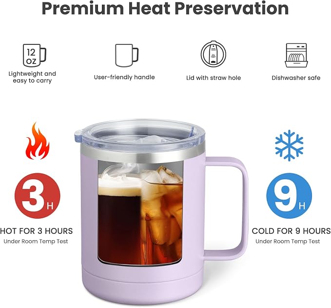 MEWAY 12oz Coffee Mug With Handle and Sliding Lid, Stainless Steel Travel - Image 2