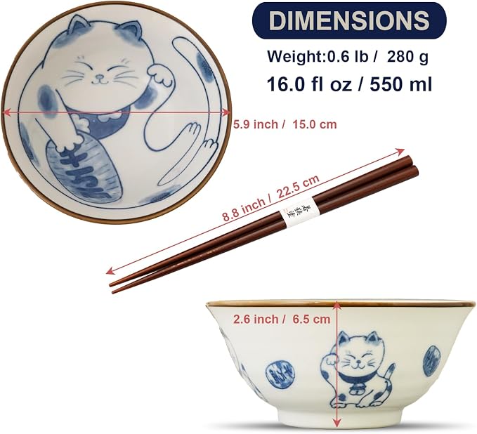 Mino Ware Cat-Design Rice Bowl & Wakasa-Nuri Wooden Chopsticks Pair Set - Image 2