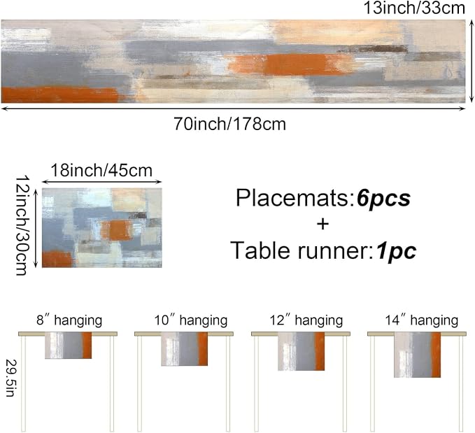 Orange and Grey Table Runner and Place Mats Set of 6 Abstract Modern Table - Image 4