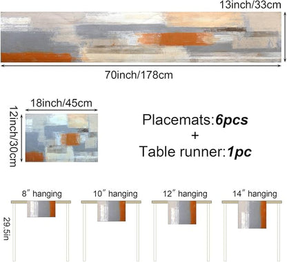 Orange and Grey Table Runner and Place Mats Set of 6 Abstract Modern Table - Image 4