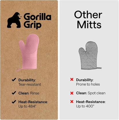 GORILLA GRIP BPA-Free Soft Silicone Oven Mitts, Heat Resistant and Waterproof Cooking Gloves, Thick Cotton Lining, Flexible Gripping for Baking Grilling, Kitchen Potholders Set of 2, 12.5x8.3, Pink