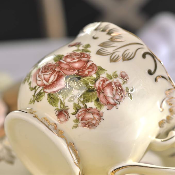 YOLIFE Tea Cup and Saucer Set, 8 OZ Pink Rose Tea Cup Set | Ivory Vintage - Image 5