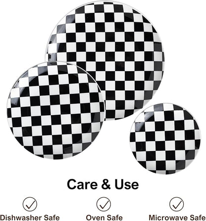 Ceramic Dinner Plates Set of 6-8 Inch Checkered Salad Plates, Microwave, Oven & Dishwasher Safe, Modern Minimalist Dessert Plates Geometric Black and White Plates for 6