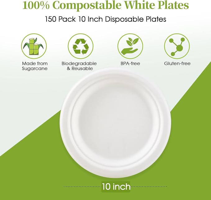 10 in 150 Pack White Compostable Disposable Paper Plates - Image 3