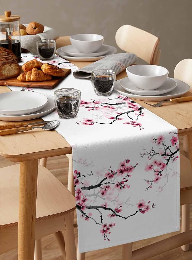 Pink Cherry Flowers Short Table Runners 48 Inches, Cotton Linen Fabric Table - Image 3