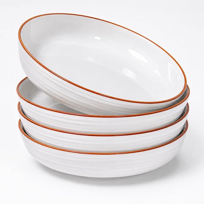 8 Inch Minimalist style Ceramic Pasta Bowls set of 4, 38 Oz White Serving Bowls by Aoveew