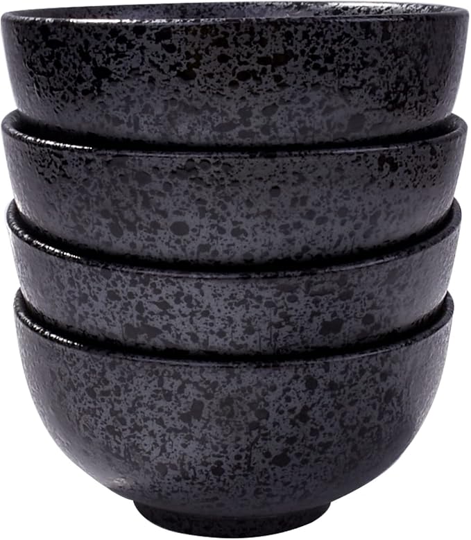 Japanese Rice Bowl Set of 4 Porcelain Sushi Bowls Serving Bowls Speckled Black by Cerficer