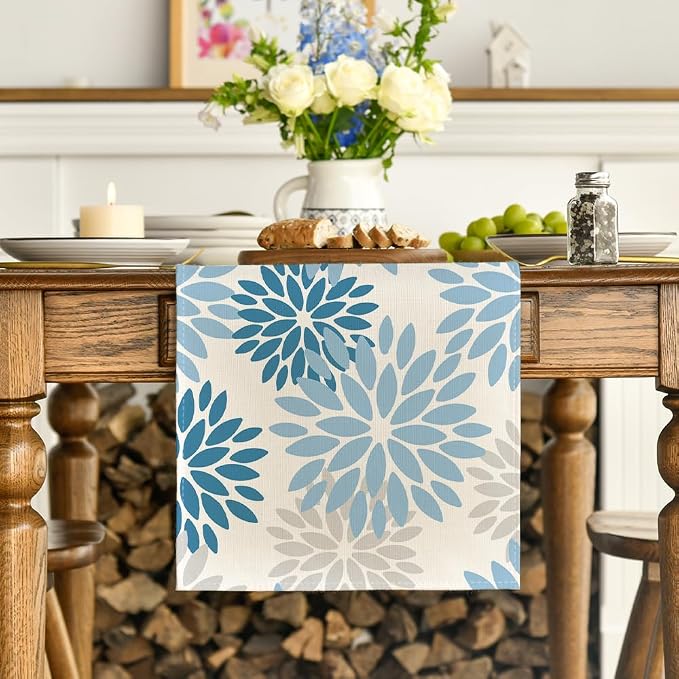 Artoid Mode Light Blue Dahlia Floral Pinnata Summer Table Runner, Seasonal - Image 2