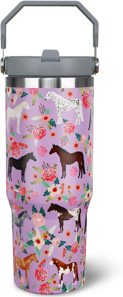 30 oz Horse Tumbler with Handle and Flip Straw, Vacuum Insulated Water Bottle by awufncksn