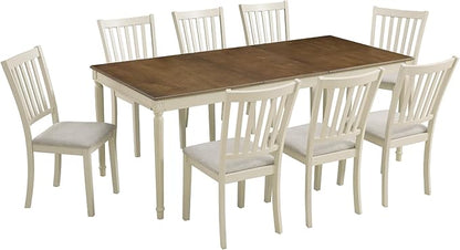 AMERLIFE 9-Piece Farmhouse Solid Wood Dining Table Set with 8 Upholstered Chairs, Roman Conical Legs, Seats up to 8, 79'' Dining Table & Chairs Set for Kitchen and Dining Room, Rustic Cream