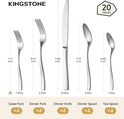 KINGSTONE 20-Piece Silverware Set for 4, Matte Stainless Steel Flatware Set with Forks, Knives, Spoons, Dishwasher Safe, Rust Resistant Cutlery for Home & Wedding