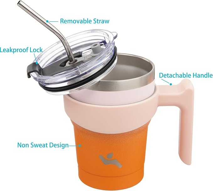 Konokyo 10 oz Tumbler with Handle and Straw, Insulated Travel Mug | Coral; - Image 2