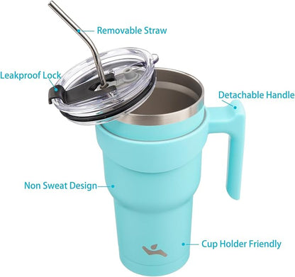 Konokyo 30 oz Tumbler with Handle and Straw, Insulated Travel Mug | Turquoise; - Image 2