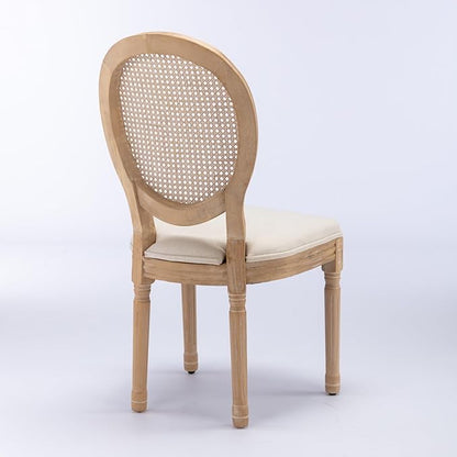 Ball & Cast French Vintage Upholstered Dining Chairs Set of 2, Antique Painting Wooden Kitchen Side-Chairs with Rattan Back & Carved Solid Wood Frame, 2-Piece Curved Backrest Louis Chair, Beige