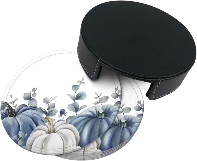 6 Pcs Blue White Pumpkins Leather Coasters - Image 5